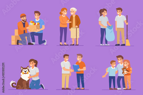 Volunteers at work. Flat style vector illustration isolated on white background.