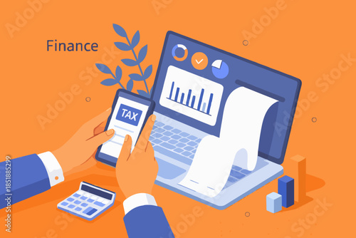 Finance isometric. Financial consultant or advisor calculating invoices and filling tax declaration for tax return. Accounting and taxation concept. Vector illustration.