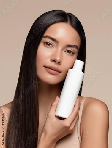 Beautiful Young Woman with Long Hair Holding White Cosmetic Bottle on Beige Background