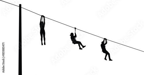 Zipline adventure silhouettes isolated on white background, people riding cable line illustration for outdoor sport, teamwork, challenge, recreation concept vector