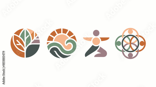 Stylized representations of letters, mountains, a compass, and abstract shapes.