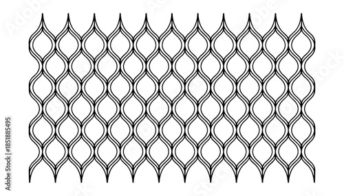Black and white repeating geometric pattern of interconnected elongated oval shapes symmetrical