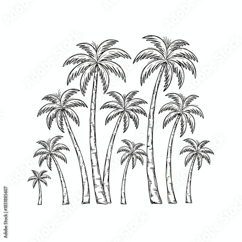 Tropical palm trees in a variety of sizes and heights, creating a lush and inviting scene