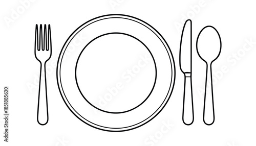 Black outline of a dinner plate with fork knife and spoon on white background 