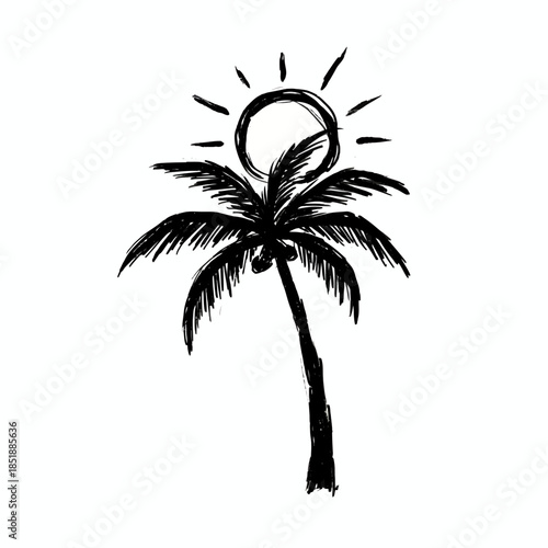 Minimalist hand-drawn black and white sketch of a tropical palm tree and radiant sun, ideal for summer holiday designs and serene vacation concepts