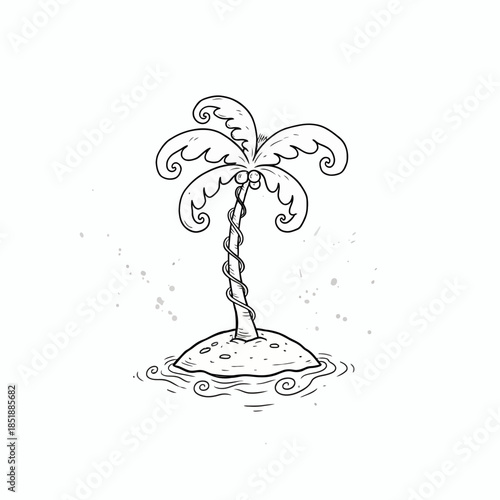 Whimsical hand-drawn sketch of a solitary palm tree on a small, isolated tropical island, evoking a dreamy vacation escape or a desert island adventure concept