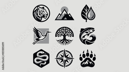 Stylized representations of letters, mountains, a compass, and abstract shapes.