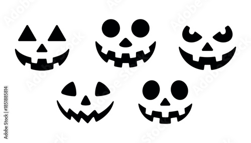 Black silhouette of five different jack o lantern faces halloween pumpkin