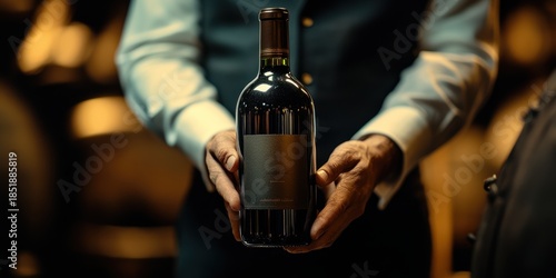 Elegant Wine Bottle Showcase by Sommelier in Luxurious Winery Setting with Dark Background