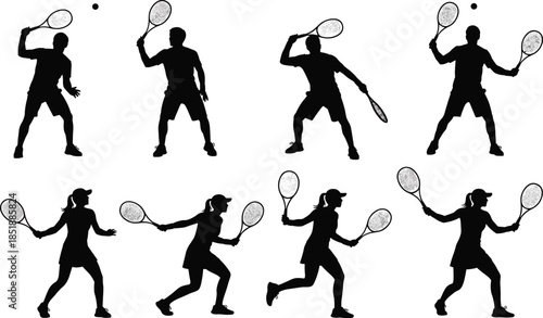 Vector Silhouettes Set of Tennis Players Serving, Hitting, and Running Male and Female Athletes in Various Dynamic Poses, Ideal for Sports Design and Graphic Elements.