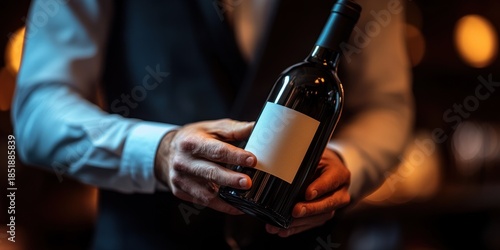 Elegant Presentation of Wine Bottle in Dimly Lit Atmosphere with Blurred Background