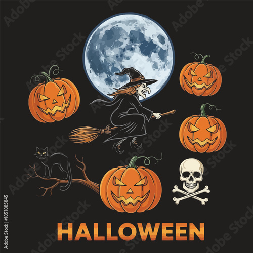 Whimsical Halloween Illustration with Witch and Pumpkins