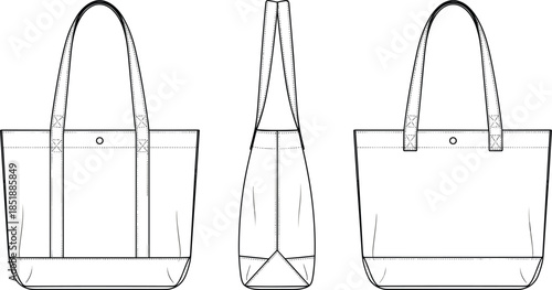 Vector technical drawing flat sketch of versatile classic canvas tote bag with contrast base and snap button closure for casual everyday fashion accessories template collection.