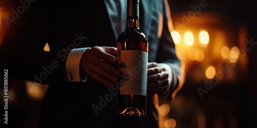 Elegant Man Holding a Wine Bottle in a Dimly Lit Setting with Warm Ambient Lighting
