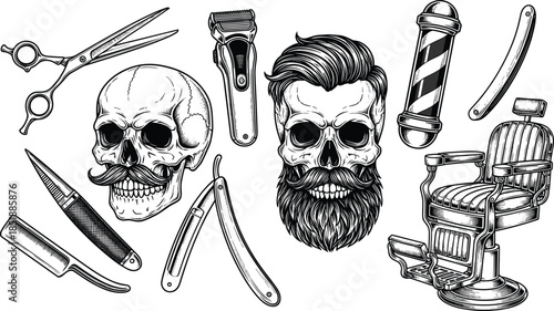 Vintage barber skull illustration set with grooming tools, bearded skulls and classic barbershop chair in monochrome vector style