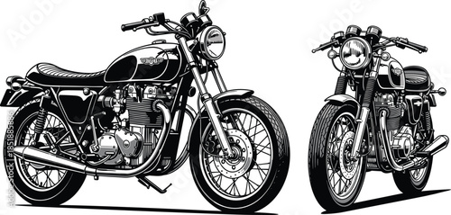Vintage classic motorcycle illustration detailed black and white cafe racer style retro motorbike vector design engraving poster transport art speed