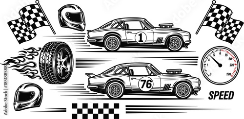 Vintage racing car illustration set with speed elements helmets flags tires and gauges isolated on white background motorsport design