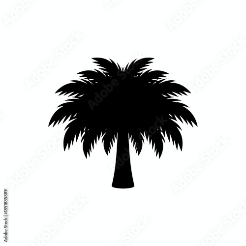 Black silhouette of a tropical palm tree with a thick trunk and full fronds against a white background, representing a classic island or beach motif.