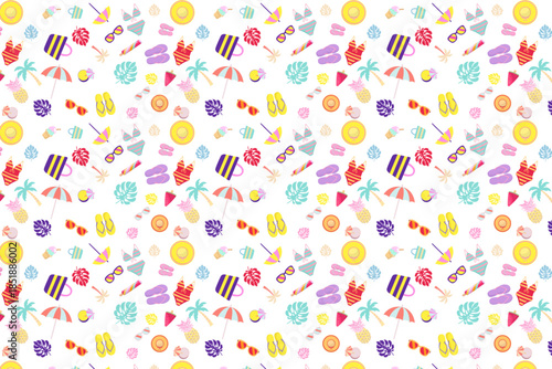 A vibrant, seamless summer pattern featuring beach balls, sunglasses, palm trees, ice cream, and flip-flops in pastel colors on a white background.