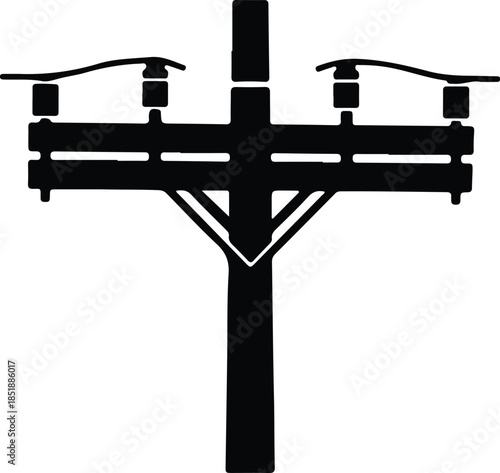 Silhouette power utility pole with insulators and wires Vector Illustration