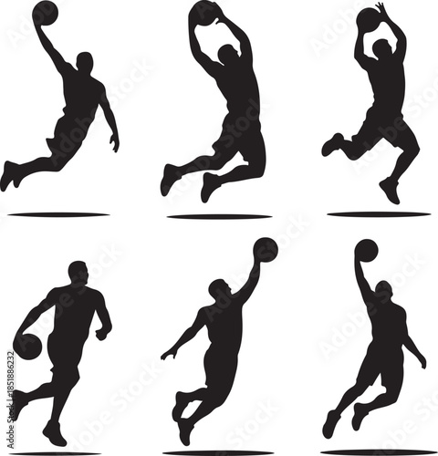 Dynamic basketball player silhouettes in various action poses