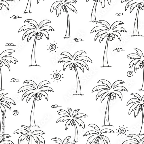 Tropical seamless pattern with hand-drawn palm trees, suns, and clouds. Black and white doodle background for summer themes, textiles, and vacation-inspired designs