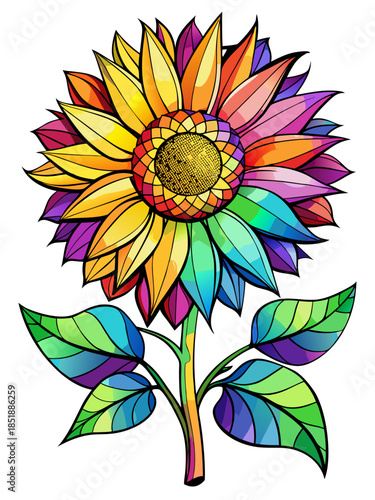 SunFlower real, Stained Glass Style , rainbow color