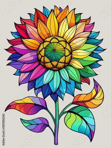 SunFlower real, Stained Glass Style , rainbow color