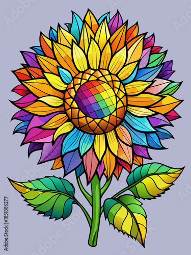 SunFlower real, Stained Glass Style , rainbow color