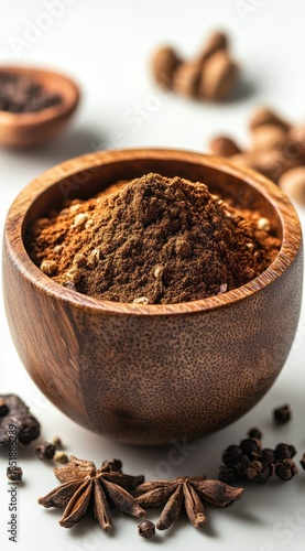 Rich Brown Spice Powder in Wooden Bowl Surrounded by Whole Spices and Natural Elements