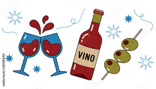 Cartoon wine bottle and glasses with olives on a white background celebration