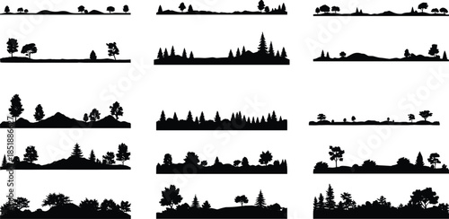 Nature landscape silhouettes collection trees hills forests isolated black scenery elements on white background illustration set panoramic design