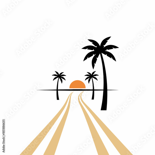 A scenic road leads towards a tropical sunset with silhouetted palm trees on either side.