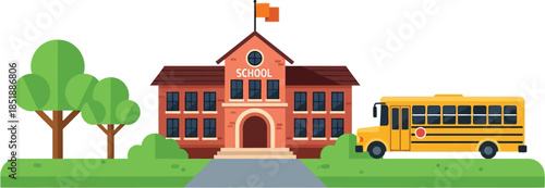 Bright yellow school bus parked beside a welcoming brick schoolhouse with trees