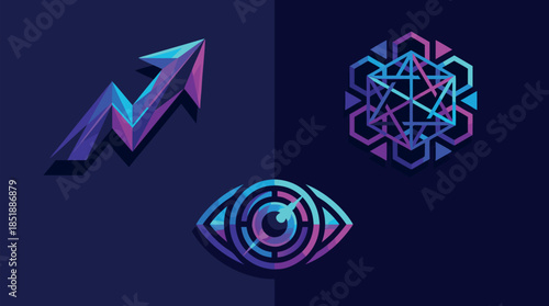 Stylized representations of letters, mountains, a compass, and abstract shapes.