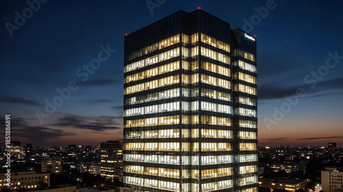 Modern Glass Skyscraper Illuminated at Dusk with Cityscape Below.
