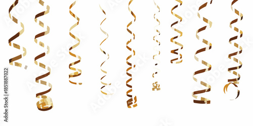 Golden metallic streamers cascading down against a clean white background