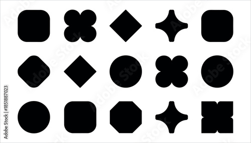 Collection of black geometric shapes including rounded squares circles diamonds and starbursts on a white background