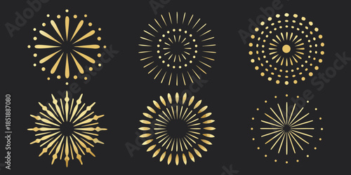 Golden firework bursts and radial star patterns on a dark background
