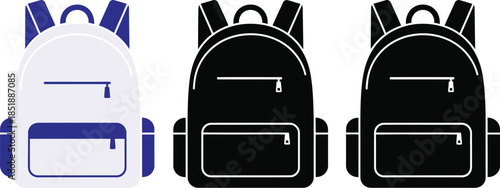 Collection of three backpacks in black and white with blue accents, perfect for travel or school.