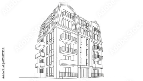 Modern multi-story building with sleek design and multiple balconies, viewed from a corner perspective.