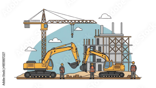 Construction site with excavators and crane in operation during daytime