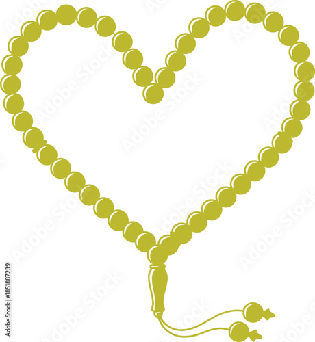 Golden prayer beads forming a heartfelt shape, symbolizing faith and devotion