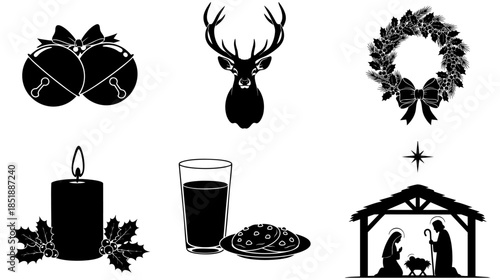 A set of christmas silhouettes featuring traditional holiday symbols isolated on transparent background, Vector