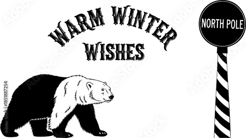 Warm winter wishes from the north pole with a polar bear illustration isolated on transparent background, Vector