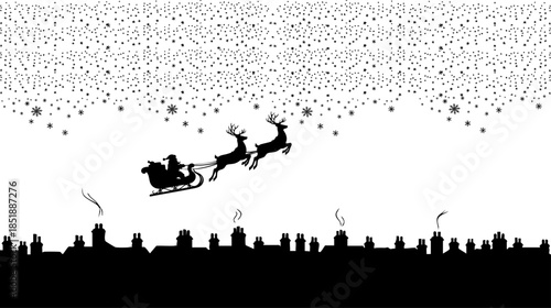A silhouette of santa claus flying over a city skyline with reindeer and snow isolated on transparent background, Vector
