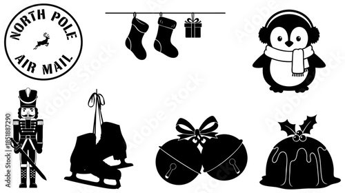 A set of festive christmas and winter themed black and white silhouettes and icons isolated on transparent background, Vector