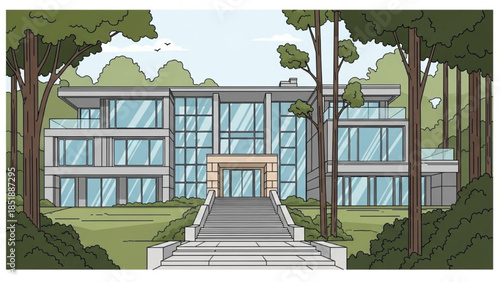 Modern Corporate Building Entrance Surrounded by Trees and Greenery in a Serene Environment