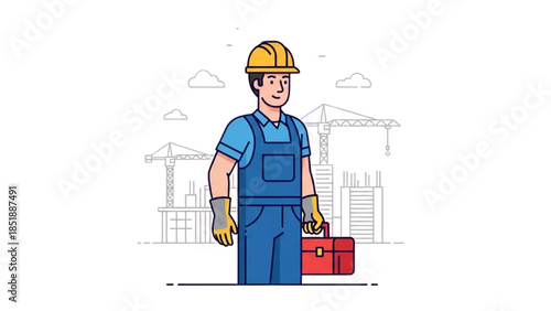 A construction worker stands confidently in front of a building site with cranes and construction equipment in the background.
