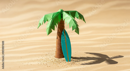 Origami surfboard and paper palm tree on sandy surface, set against a simple background with light shining on the paper craft